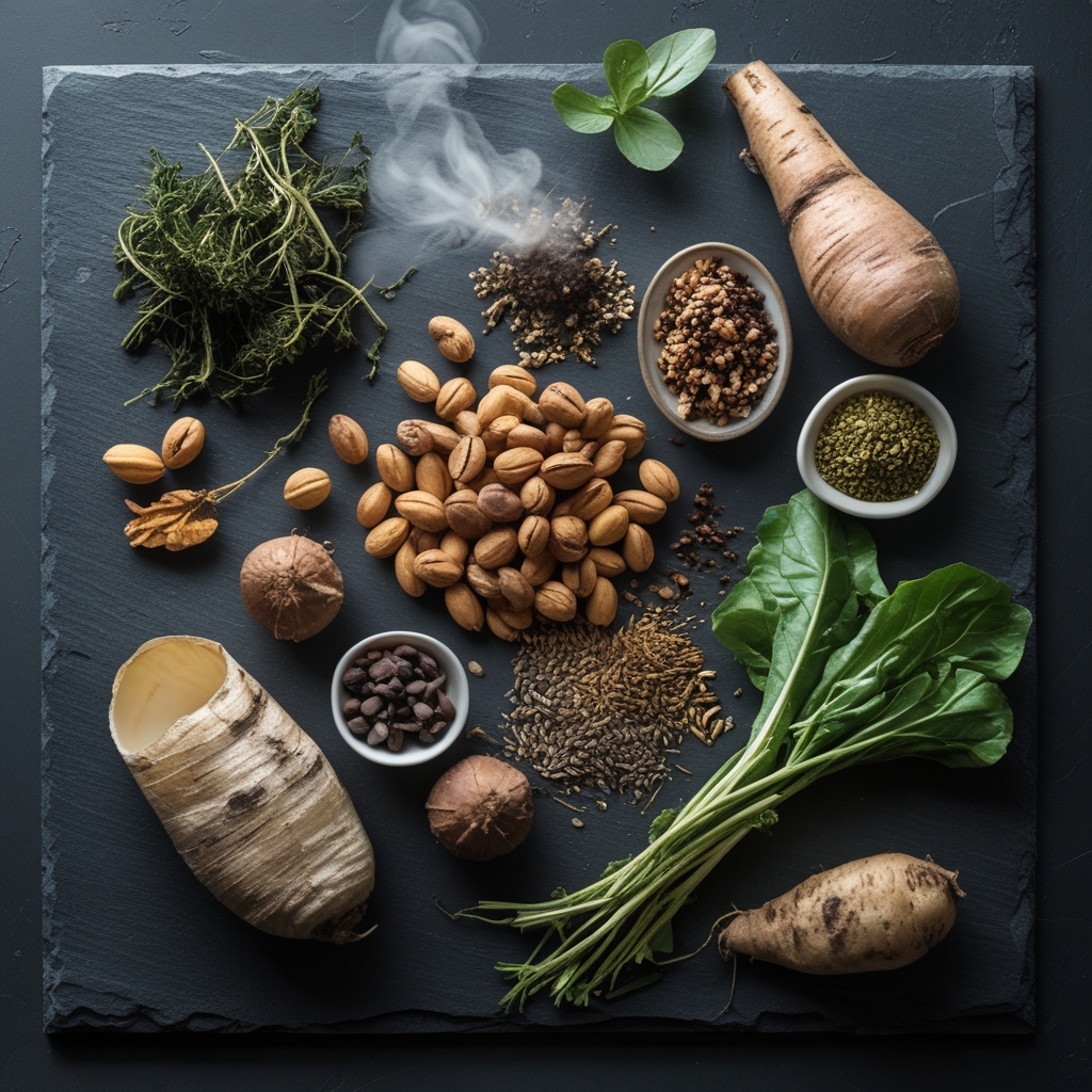 Overhead flat-lay arrangement of various whole foods including nuts, seeds, dried herbs, leafy greens and root vegetables on a dark slate surface