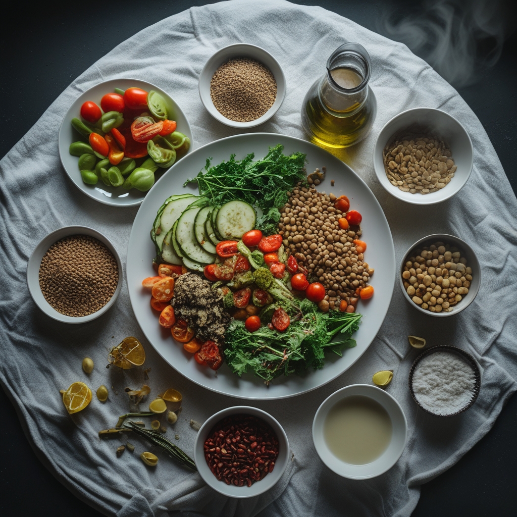 Colorful spread of fresh Mediterranean-style vegetables, grains, legumes and olive oil on a white linen tablecloth viewed from above